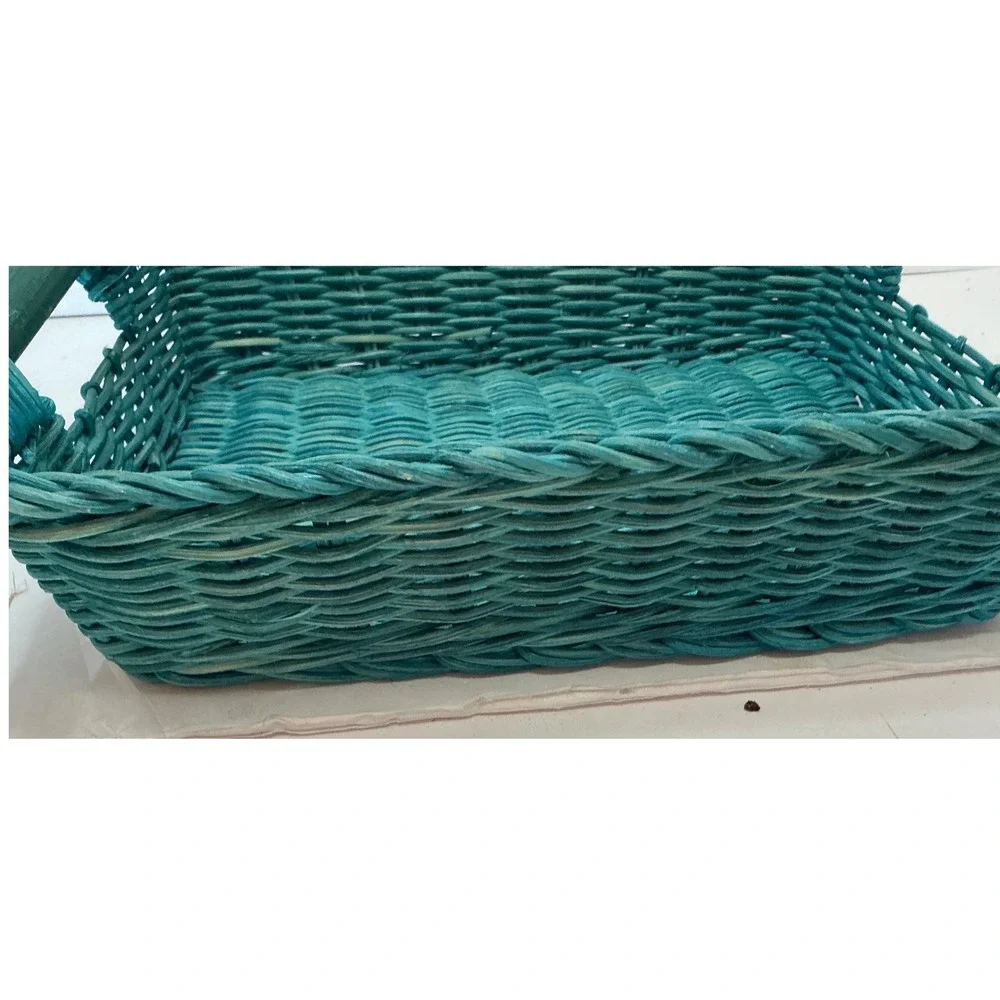 Vintage Wicker Basket Teal Woven Wood Handles 11x8 Cottagecore